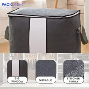 PACKLINER - Pack of 3 Clothes Storage Organizer (Grey) - Foldable Blanket Storage Bags for Clothes with Clear Window View - Clothing Storage Bags with Durable Handles for Dorm, Pillows, Bedding