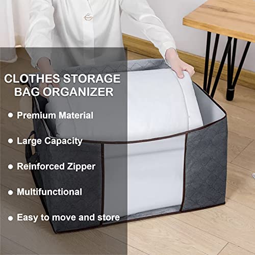 PACKLINER - Pack of 3 Clothes Storage Organizer (Grey) - Foldable Blanket Storage Bags for Clothes with Clear Window View - Clothing Storage Bags with Durable Handles for Dorm, Pillows, Bedding