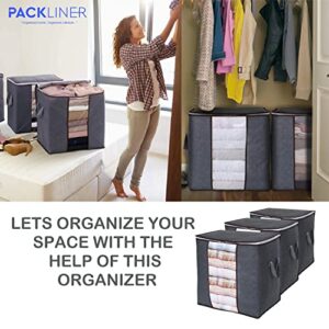 PACKLINER - Pack of 3 Clothes Storage Organizer (Grey) - Foldable Blanket Storage Bags for Clothes with Clear Window View - Clothing Storage Bags with Durable Handles for Dorm, Pillows, Bedding