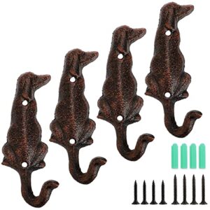 laxioriew pack of 4 vintage cast iron dog wall decorative hook with screws, heavy duty rustic wall garage hook puppy retro wall animal hanger hook for robes, towels, coats, bags and cloths