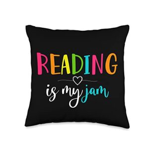 reading is my jam funny back to school ela teacher jam read back to school ela teacher throw pillow, 16x16, multicolor