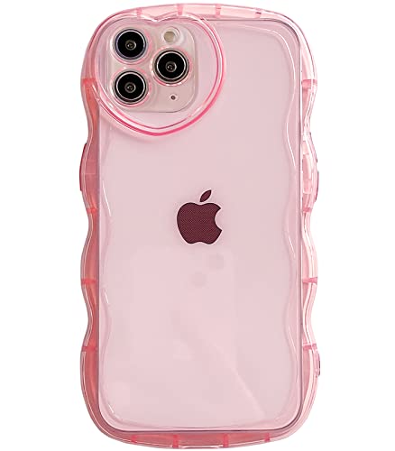 Qokey for iPhone 11 Pro Max Case(2019 6.5"),Cute Clear Love Case,with Love-Heart Camera Frame Wavy Edge Transparent Full Protection Soft TPU Shockproof Phone Case Cover for Women Girls,Pink