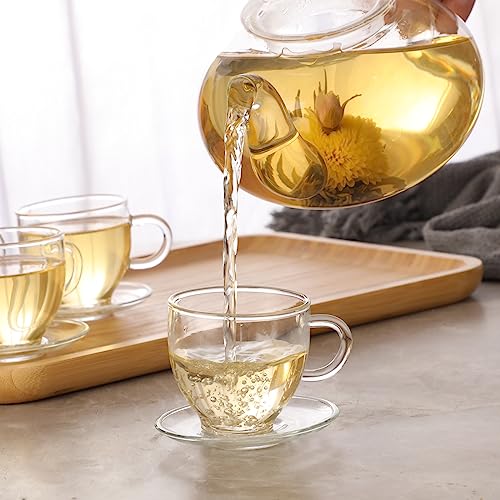 Glass Teapot Set, 34OZ/1000ML Glass Tea Kettle with Loose Tea Infuser & Warmer, 5oz/150ML Tea Cup & Saucer Set of 4, Stovetop & Microwave Safe Tea Maker, Blooming Tea Gift Set For Women