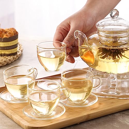 Glass Teapot Set, 34OZ/1000ML Glass Tea Kettle with Loose Tea Infuser & Warmer, 5oz/150ML Tea Cup & Saucer Set of 4, Stovetop & Microwave Safe Tea Maker, Blooming Tea Gift Set For Women