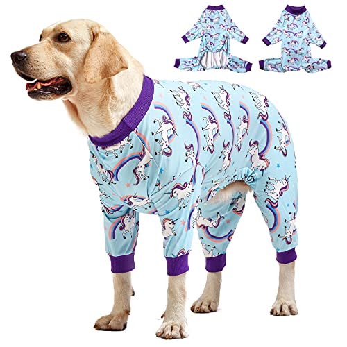 LovinPet Large Dog Pajamas PJS - Wound Care/Post-Surgical Recovery Shirt for Big Dogs, Lightweight Stretchy Pullover Dog Onesie, Full Coverage Dog Jammies, Magical Unicorn Rainbow Print, Pet PJ's/XXL