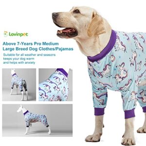 LovinPet Large Dog Pajamas PJS - Wound Care/Post-Surgical Recovery Shirt for Big Dogs, Lightweight Stretchy Pullover Dog Onesie, Full Coverage Dog Jammies, Magical Unicorn Rainbow Print, Pet PJ's/XXL