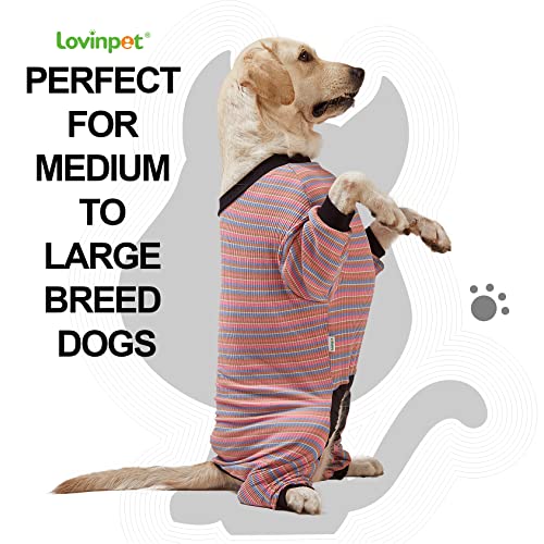 LovinPet Large Dog Pajamas, Cotton Multicolor Stripe Big Dog Shirt,Cotton Dog Jammies, Full Body Dog Onesie, Pet PJ's/Medium