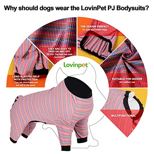 LovinPet Large Dog Pajamas, Cotton Multicolor Stripe Big Dog Shirt,Cotton Dog Jammies, Full Body Dog Onesie, Pet PJ's/Medium