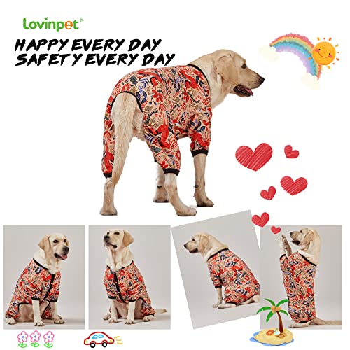 LovinPet Large Breed Dog Pajamas - Lightweight Pullover Full Coverage Dog Pjs, Dog Onesie, Happy Horse Coral Print, Full Coverage Dog Jammies, Pet PJ's/XL