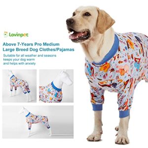 LovinPet Pajamas for Big Dogs, Pet Anxiety Relief, Sun Protection Dog Pajamas, Lightweight Stretchy Knit Fabric, Woodland Musicians Print Large Dog Pjs, Dog Surgical Recovery Shirt, Pet PJ's/XXL