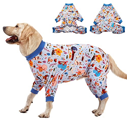 LovinPet Pajamas for Big Dogs, Pet Anxiety Relief, Sun Protection Dog Pajamas, Lightweight Stretchy Knit Fabric, Woodland Musicians Print Large Dog Pjs, Dog Surgical Recovery Shirt, Pet PJ's/XXL