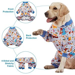 LovinPet Pajamas for Big Dogs, Pet Anxiety Relief, Sun Protection Dog Pajamas, Lightweight Stretchy Knit Fabric, Woodland Musicians Print Large Dog Pjs, Dog Surgical Recovery Shirt, Pet PJ's/XXL