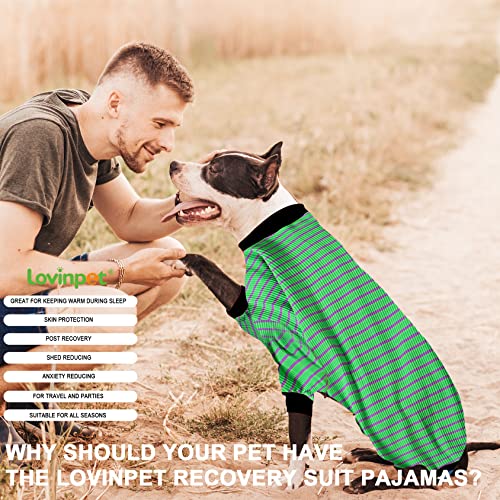 LovinPet Big Pitbull Dog Pajamas, Cotton Green and Grey Stripe Dog Shirt, Pure Cotton Large Breed Dog Jammies, Pet PJ's/Large