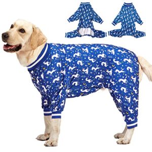 lovinpet large dog pjs clothes: wound care/post surgery dog shirt, lightweight stretchy knit dog pajamas, mermaids & unicorns blue and white print, large dog jammies, pet pj's/medium