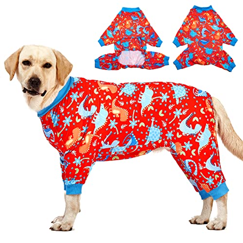 LovinPet Pitbull Dog Pajamas, Large Dog Onesies for Surgery/Wound Care, Lightweight Stretchy Knit Fabric, Dinosaur Jungle Red Print Dog PJ's UV Protection, Pet Anxiety Relief, Dog Costume/3XL