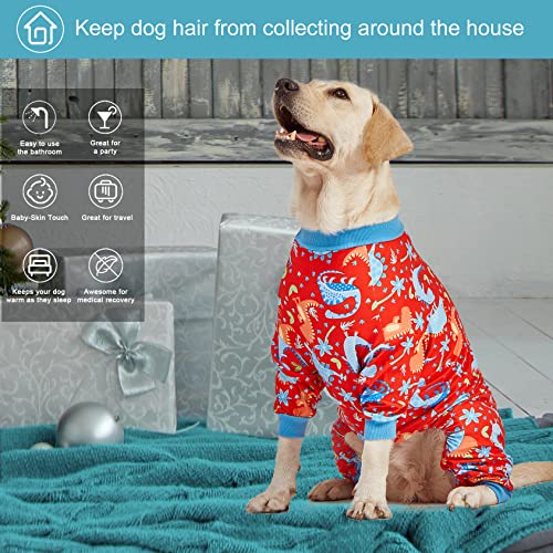 LovinPet Pitbull Dog Pajamas, Large Dog Onesies for Surgery/Wound Care, Lightweight Stretchy Knit Fabric, Dinosaur Jungle Red Print Dog PJ's UV Protection, Pet Anxiety Relief, Dog Costume/3XL