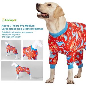 LovinPet Pitbull Dog Pajamas, Large Dog Onesies for Surgery/Wound Care, Lightweight Stretchy Knit Fabric, Dinosaur Jungle Red Print Dog PJ's UV Protection, Pet Anxiety Relief, Dog Costume/3XL