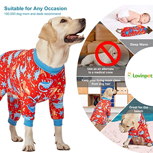 LovinPet Pitbull Dog Pajamas, Large Dog Onesies for Surgery/Wound Care, Lightweight Stretchy Knit Fabric, Dinosaur Jungle Red Print Dog PJ's UV Protection, Pet Anxiety Relief, Dog Costume/3XL