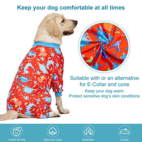 LovinPet Pitbull Dog Pajamas, Large Dog Onesies for Surgery/Wound Care, Lightweight Stretchy Knit Fabric, Dinosaur Jungle Red Print Dog PJ's UV Protection, Pet Anxiety Relief, Dog Costume/3XL