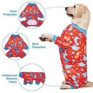 LovinPet Pitbull Dog Pajamas, Large Dog Onesies for Surgery/Wound Care, Lightweight Stretchy Knit Fabric, Dinosaur Jungle Red Print Dog PJ's UV Protection, Pet Anxiety Relief, Dog Costume/3XL