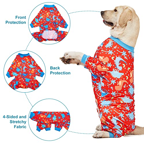 LovinPet Pitbull Dog Pajamas, Large Dog Onesies for Surgery/Wound Care, Lightweight Stretchy Knit Fabric, Dinosaur Jungle Red Print Dog PJ's UV Protection, Pet Anxiety Relief, Dog Costume/3XL