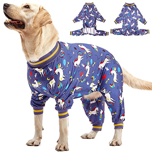 LovinPet Large Breed Dog Onesie Clothes, Slim Fit/Stretchy Knit, Unicorn Rocket Grey Print, Pet Anxiety Relief,Wound Care/Post Surgery Large Dog Shirt,UV Protection,Large Breed Dog Jammies PJ's/Large