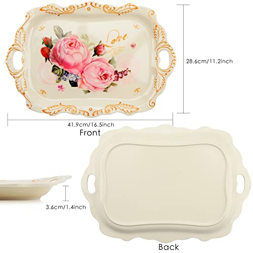 Melamine Serving Tray Art Trays,3 Pack Stackable Food Tray , Large Serving Platter with Handle for Eating, Unbreakable Large Serving Platter with Floral Print (16.5 x 11.3 x 1.4 Inches)