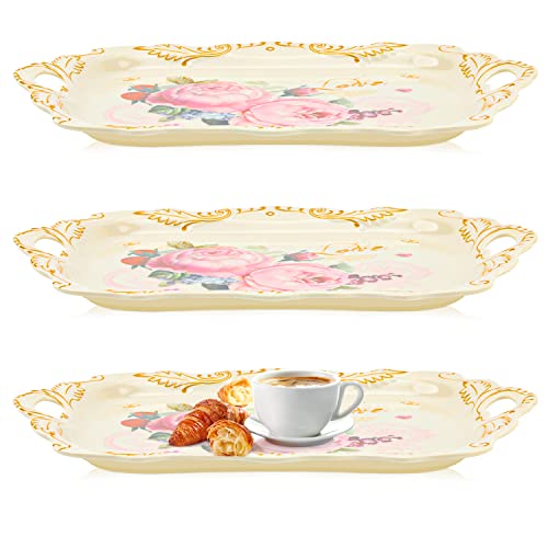 Melamine Serving Tray Art Trays,3 Pack Stackable Food Tray , Large Serving Platter with Handle for Eating, Unbreakable Large Serving Platter with Floral Print (16.5 x 11.3 x 1.4 Inches)