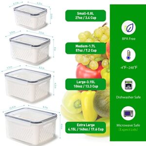 Pack of 4 Fruit Fresh Produce Protector, Grape Container for Fridge, Fruit Saver Lettuce Container with Drain Colanders, Partitioned Salad Container, Refrigerator Organizer for Lettuce Berry Food (4)