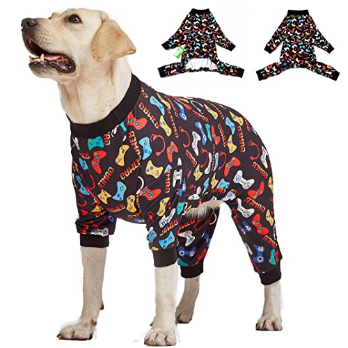 LovinPet Large Dog Pajamas Pitbull Boxer Dogs - Game Console Print, Wound Care/Post Surgery Dog Clothes, Pet Anxiety Relief, Lightweight Stretchy Big Dog Pullover Shirt,Large Dog Jammies,Pet PJ's/XXL