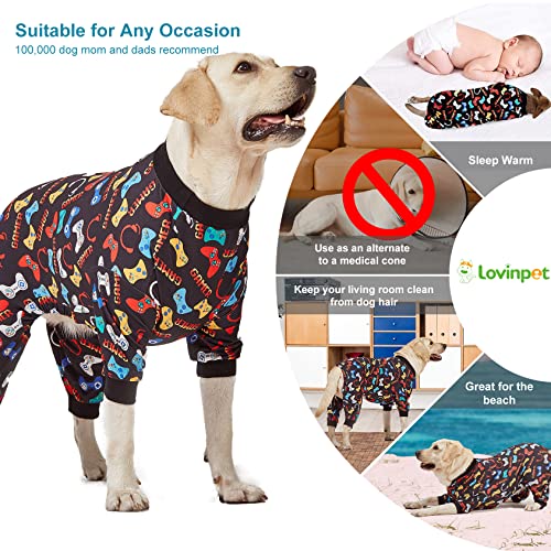 LovinPet Large Dog Pajamas Pitbull Boxer Dogs - Game Console Print, Wound Care/Post Surgery Dog Clothes, Pet Anxiety Relief, Lightweight Stretchy Big Dog Pullover Shirt,Large Dog Jammies,Pet PJ's/XXL