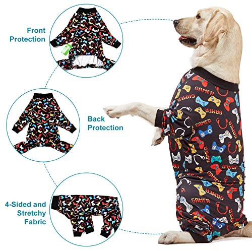 LovinPet Large Dog Pajamas Pitbull Boxer Dogs - Game Console Print, Wound Care/Post Surgery Dog Clothes, Pet Anxiety Relief, Lightweight Stretchy Big Dog Pullover Shirt,Large Dog Jammies,Pet PJ's/XXL