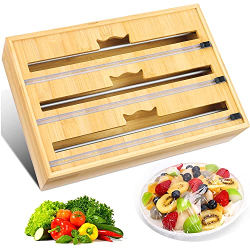 Himimi Foil and Plastic Wrap Organizer with Cutter for Drawer, Aluminum Foil, Saran Wrap,Wax Bamboo Dispenser for Kitchen Organization and Storage Foil and Plastic Wrap for 13" Roll (Natural)