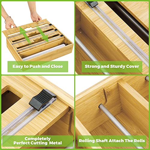 Himimi Foil and Plastic Wrap Organizer with Cutter for Drawer, Aluminum Foil, Saran Wrap,Wax Bamboo Dispenser for Kitchen Organization and Storage Foil and Plastic Wrap for 13" Roll (Natural)