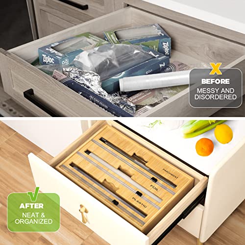 Himimi Foil and Plastic Wrap Organizer with Cutter for Drawer, Aluminum Foil, Saran Wrap,Wax Bamboo Dispenser for Kitchen Organization and Storage Foil and Plastic Wrap for 13" Roll (Natural)