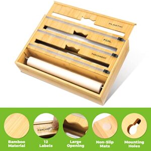 Himimi Foil and Plastic Wrap Organizer with Cutter for Drawer, Aluminum Foil, Saran Wrap,Wax Bamboo Dispenser for Kitchen Organization and Storage Foil and Plastic Wrap for 13" Roll (Natural)