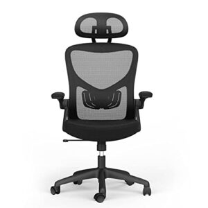 ergonomic mesh office chair with adjustable headrest & lumbar support, flip-up armrest, tilt function for heavy duty, black