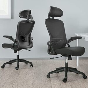 Ergonomic Mesh Office Chair with Adjustable Headrest & Lumbar Support, Flip-Up Armrest, Tilt Function for Heavy Duty, Black