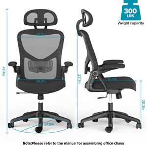 Ergonomic Mesh Office Chair with Adjustable Headrest & Lumbar Support, Flip-Up Armrest, Tilt Function for Heavy Duty, Black