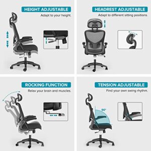 Ergonomic Mesh Office Chair with Adjustable Headrest & Lumbar Support, Flip-Up Armrest, Tilt Function for Heavy Duty, Black