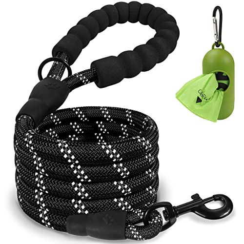 Joytale 6/5/4 FT Leashes for Large Medium Breed Dogs, Heavy Duty Nylon Braided Rope Dog Leash, Comfortable Padded Handle Strong Leashes with Poop Bags and Dispenser, Black, 6'×1/2''