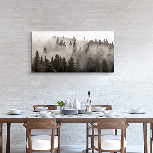 SunFlax Foggy Forest Canvas Wall Art: Mountain Landscape Picture Nature Misty Pine Trees Artwork Large Black and White Painting Print for Modern Living Room Bedroom Office