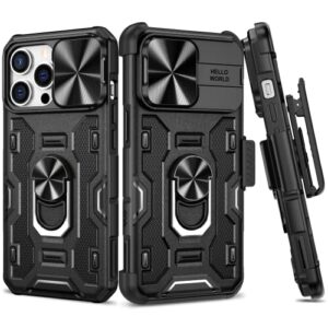 vego armor case for iphone 14 pro max 5g 2022, slide camera cover & belt clip holster & magnetic 360°ring kickstand military grade heavy duty protection case for iphone 14 pro max 6.7”- midnight black