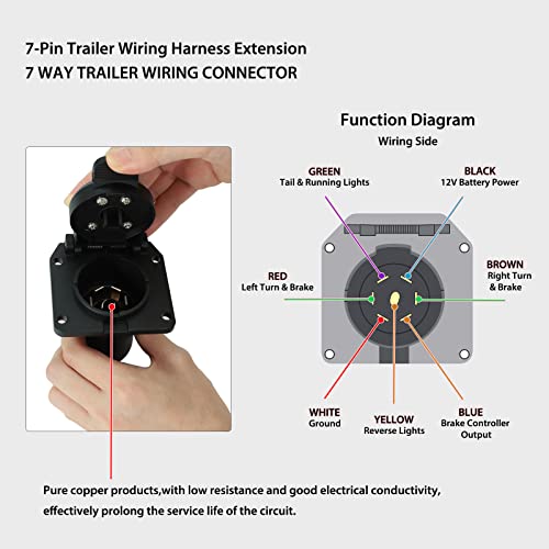 7-Foot 7-Pin Trailer Wiring Harness Extension with Connector, 5Th Wheel 7 Pin Connector, 7-Foot Vehicle-Side Truck Bed 56070 Compactible with Chevy, Dodge, Ford, GMC, Nissan, Ram, Toyota Balck