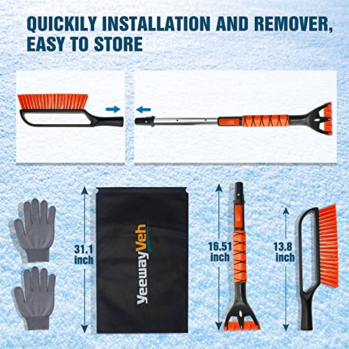 YeewayVeh 35" Ice Scraper for Car Windshield, Extendable Snow Brush with Foam Grip & Additional Handhold, 2 in 1 Detachable & Scratch-Free Snow Scrapers for Car Truck SUV, Orange