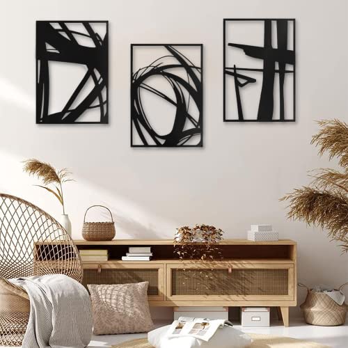 Creoate Abstract Metal Wall Art for Living Room Decor, Black Modern Minimalist Line Art Wall Sculpture Decor Modern Metal Bedroom Bathroom Decor, 11x16 Inch x3 Panels