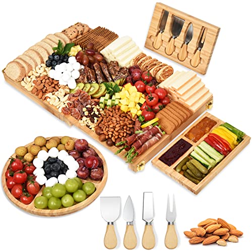 Charcuterie Board Set SMILCO Hand-Made Bamboo Extra Large Cheese Board and Knife Set-Inclued 1* Main Charcuterie Board,2*Cheese Board and 1*Fruit Tray.