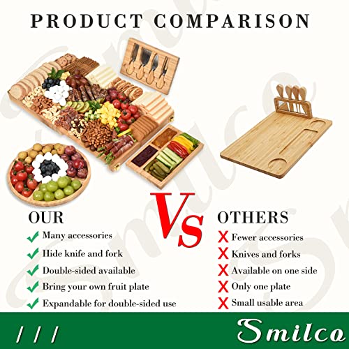 Charcuterie Board Set SMILCO Hand-Made Bamboo Extra Large Cheese Board and Knife Set-Inclued 1* Main Charcuterie Board,2*Cheese Board and 1*Fruit Tray.