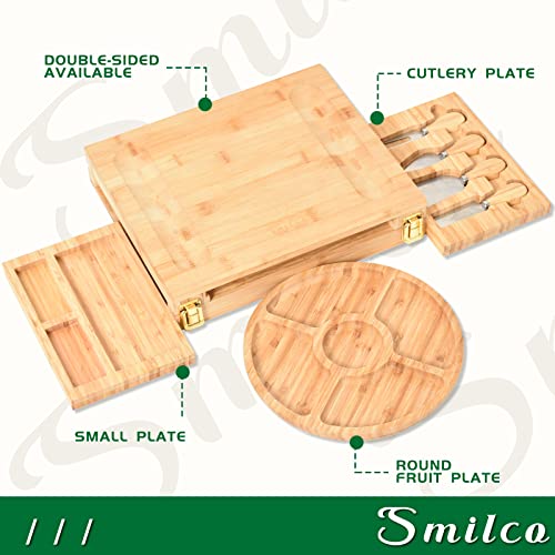 Charcuterie Board Set SMILCO Hand-Made Bamboo Extra Large Cheese Board and Knife Set-Inclued 1* Main Charcuterie Board,2*Cheese Board and 1*Fruit Tray.