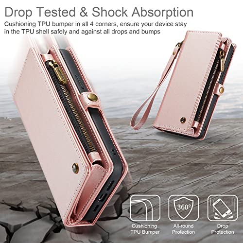 CASEME for iPhone 14 Pro Max Case Wallet Case Cover for Women Men Durable 2 in 1 Detachable Premium Leather with 8 Card Holder Slot Magnetic Zipper Pouch Flip Lanyard Strap Wristlet 6.7 Inch Rose Gold